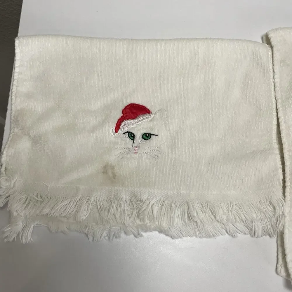 Vintage R.A. Briggs White Cat in Santa Hat 2 Hand Towels Christmas Decor
